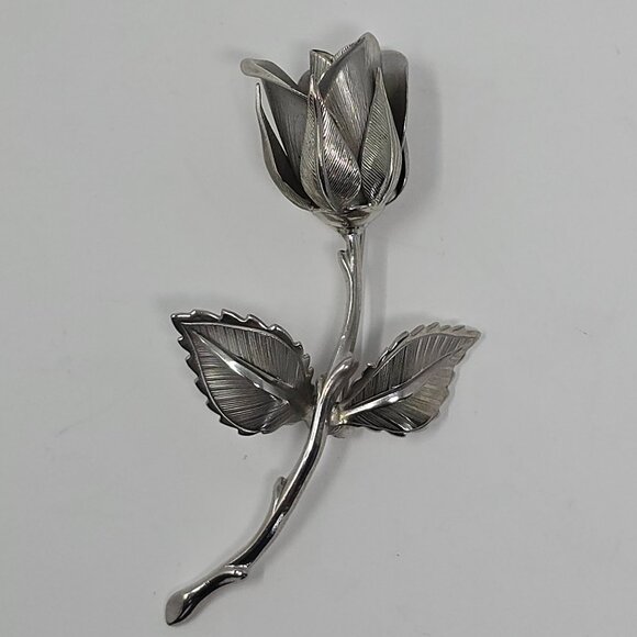 Vintage Rose Brooch Silver Tone Floral Statement Pin 1980s Costume Jewelry - Picture 2 of 15